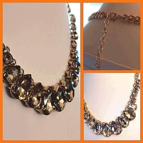 Floral Bib & Tear Drop Crystal in Goldtone Necklace - Picture 3 of 3